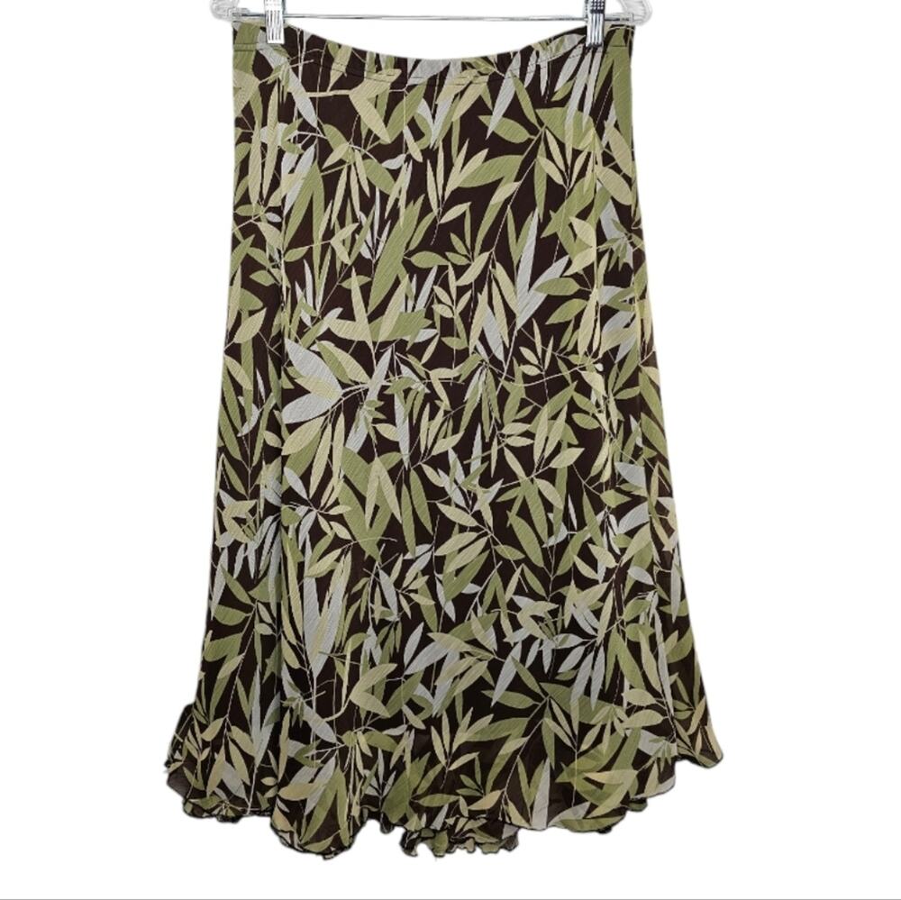 Briggs New York Green Leaf Pattern Sheer Overlay with Ruffled Hem Skirt Size 12